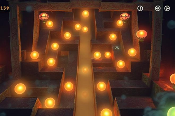 A screenshot of the game’s level 5, showcasing a maze filled with glowing orbs and traditional motifs.